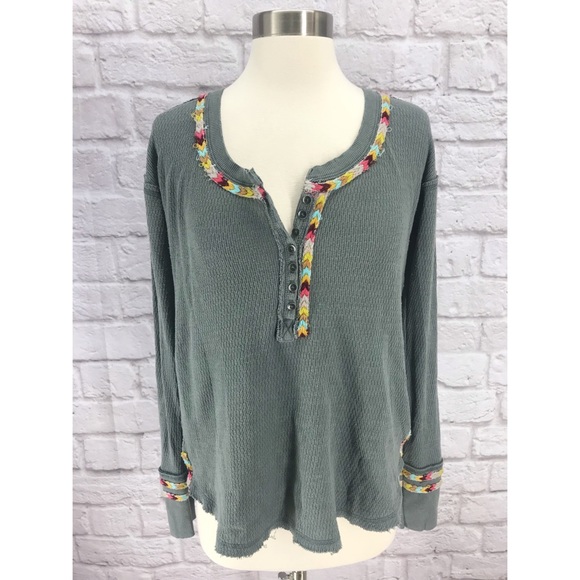 •Free People• Rainbow Thermal Henley Gray Boho - Picture 3 of 4